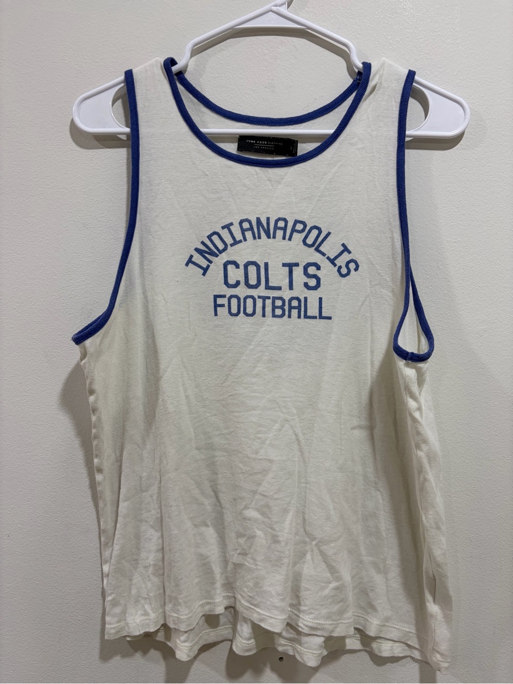 Junk Food Clothing White Tank Top with Blue Trim and Colts Graphic